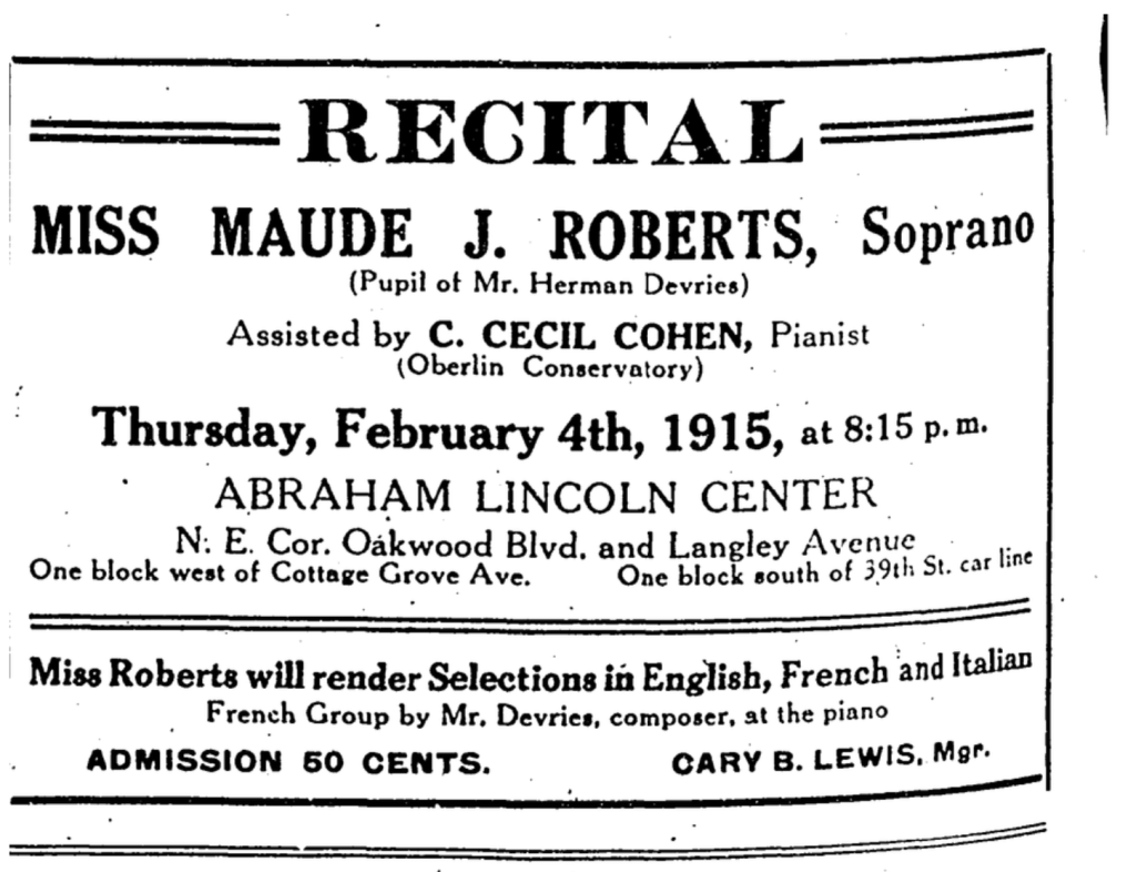 Announcement of a recital by Ms Maude J Roberts, soprano, assisted by C. Cecil Cohen, pianist.