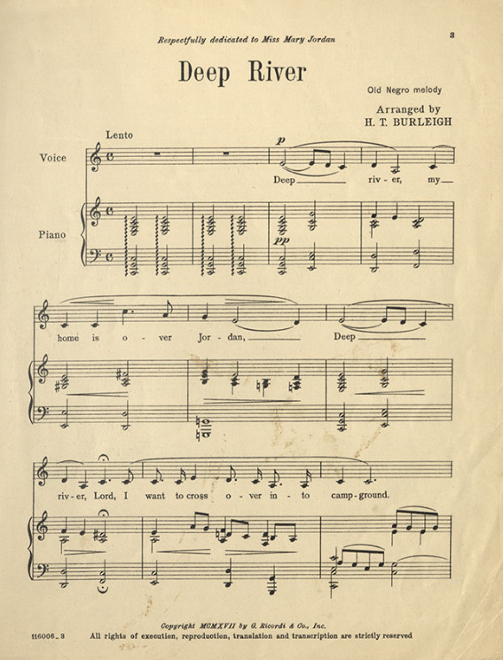 "Deep River" arrangement for voice and piano; by H.T. Burleigh