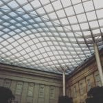 Norman Foster-designed courtyard at Smithsonian American Art Museum. A wavy glass ceiling made of glass.