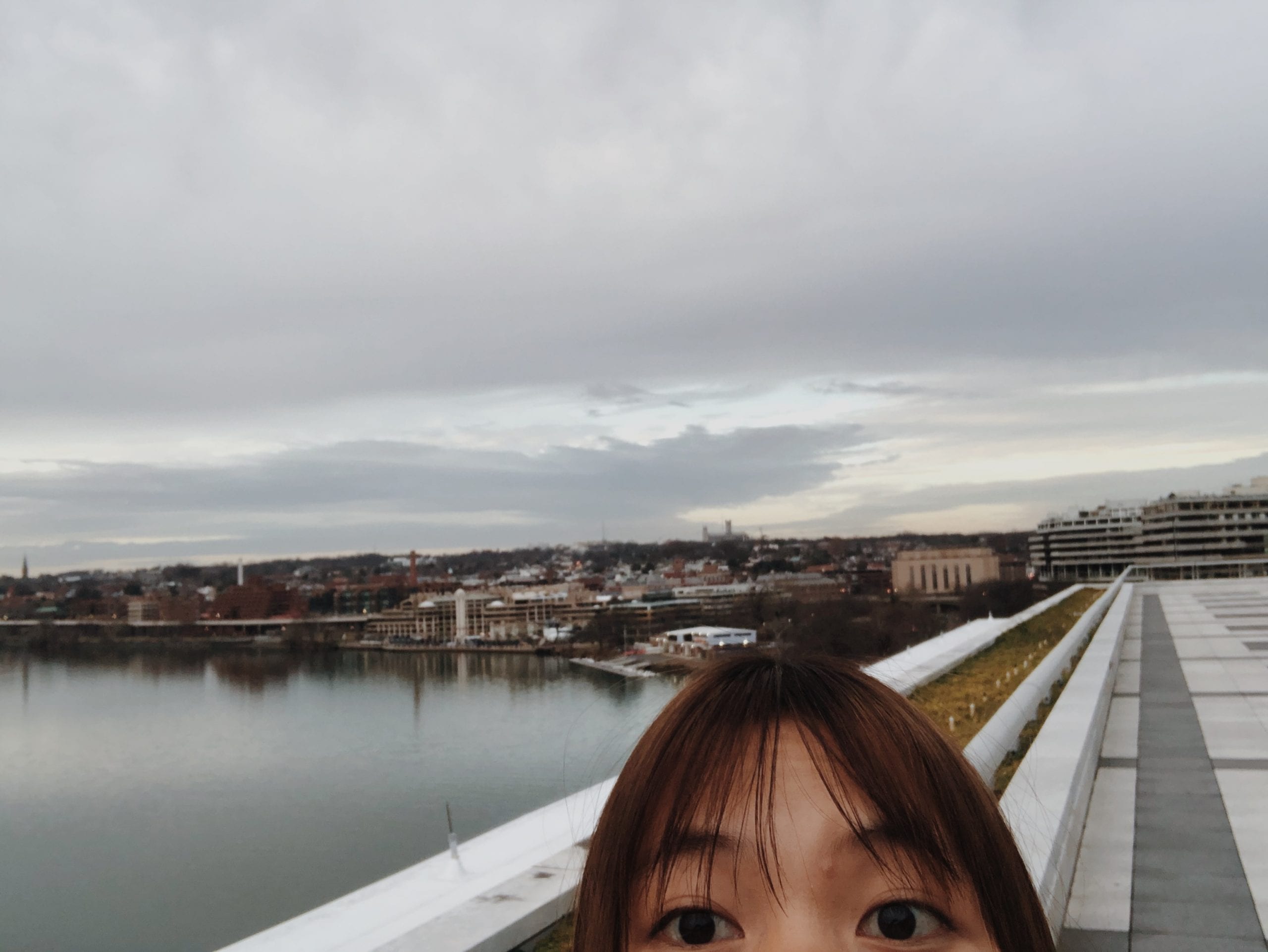 A student's selfie in front of a river from the top of the Kennedy Center. The neighborhood of Georgetown can be seen behind the river.