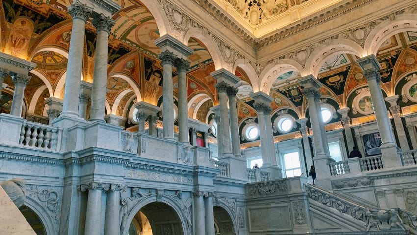 Archways in the Library of Congress with several domes and pillars