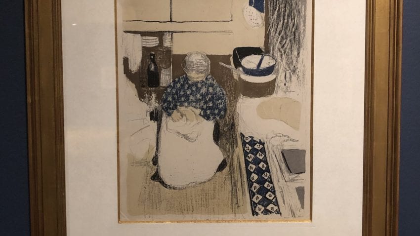 A pencil sketch of a woman sitting on a chair knitting
