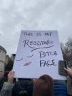 A white poster raised above the protesters reading ""This is my resisting bitch face"