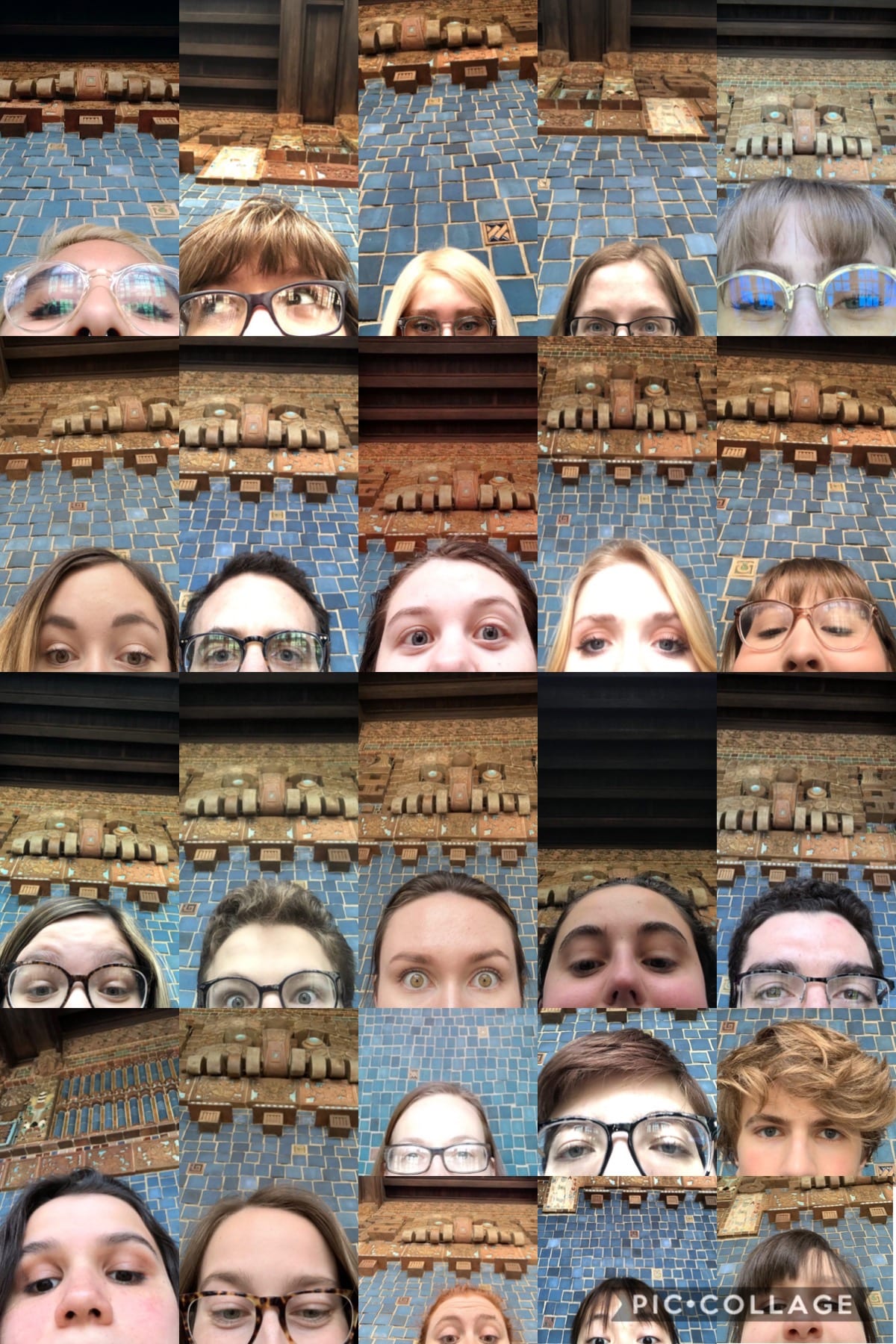 A collage of photos of members of the St. Olaf group in front of a blue tiled wall