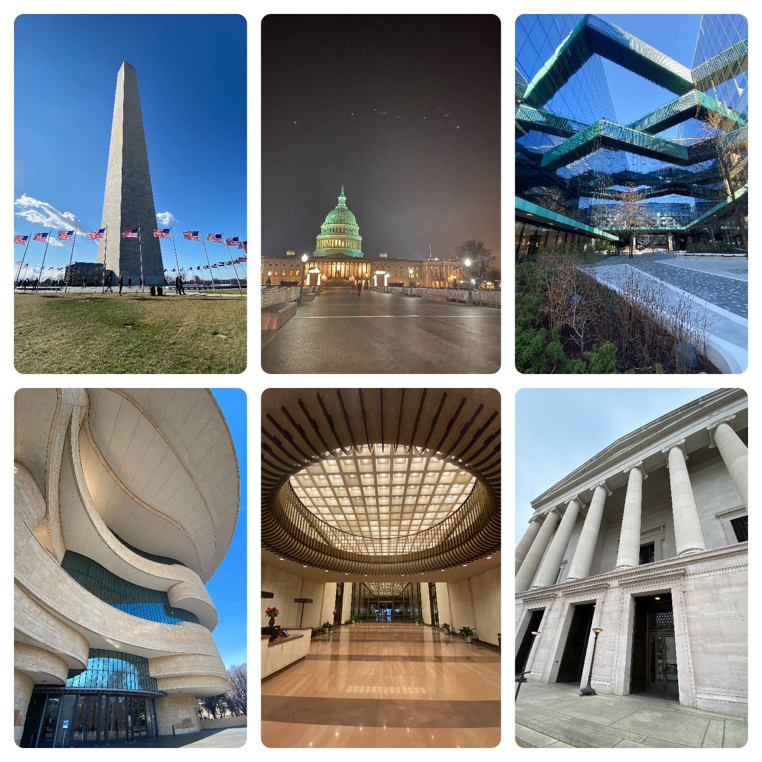 Collage of 6 images. Clockwise from upper left corner: the Washington Monument surrounded by a circle of American flags, the United States Capitol lit up at night in front of a long street, several class walkways in between two glass buildings, several large entrances underneath seven pillars, an intricate circular ceiling design with a long hallway underneath, and the front of an abstract building with circular edges