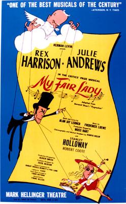 An old poster of My Fair Lady with Julie Andrews. The poster features a yellow page contains the information of the show over a blue background.