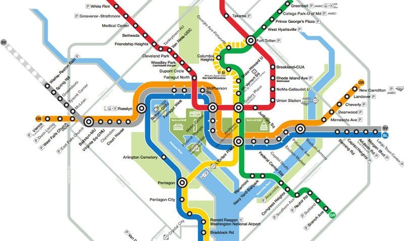 An image of a color-coded map of the DC Metro rail lines.