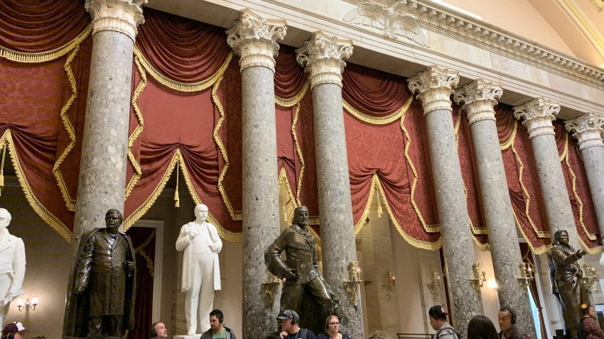 Columns with Corinthian capitals in the Capitol standing behind states statues