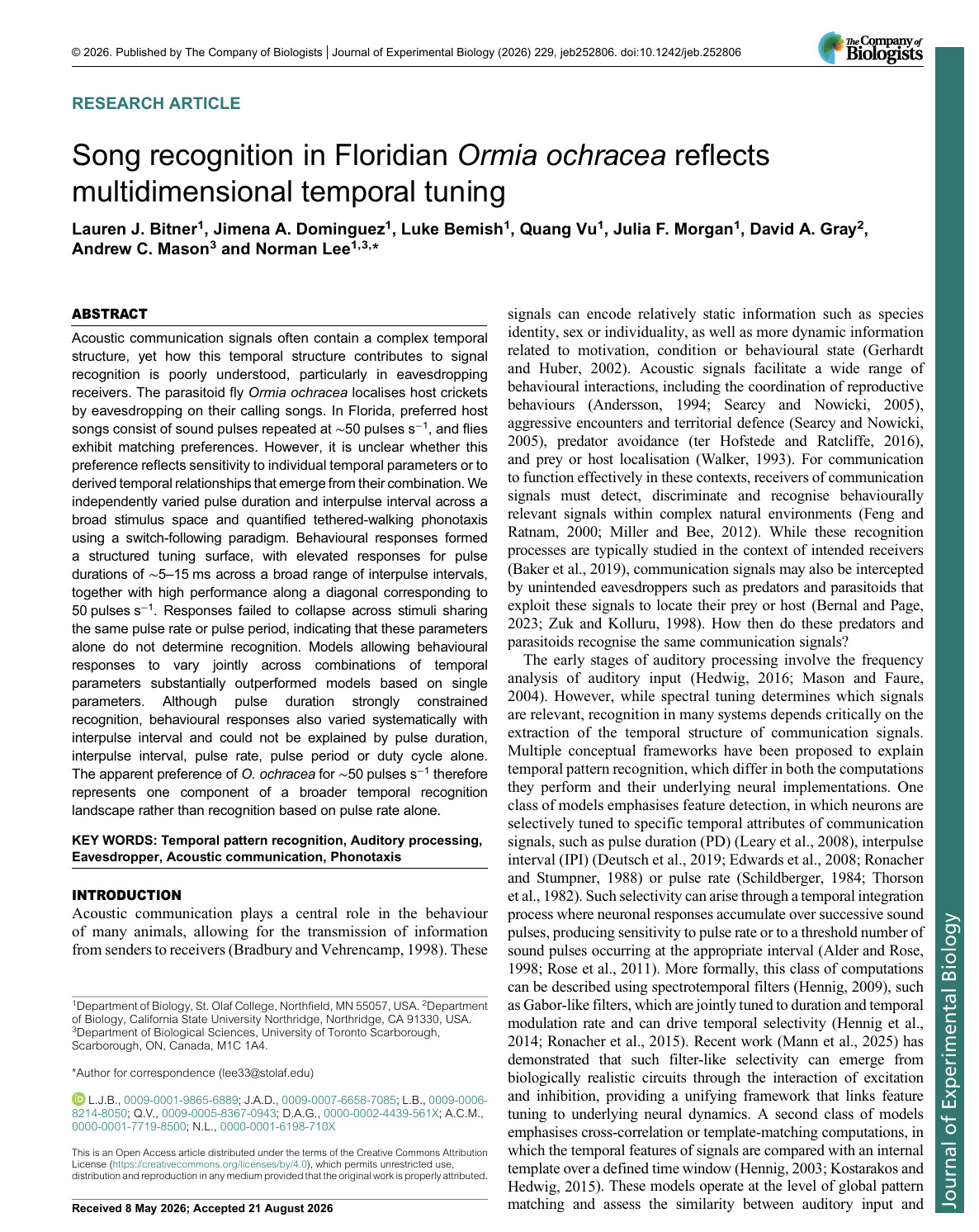 New Research: Floridian Ormia ochracea recognizes host cricket songs based on analysing song rhythm