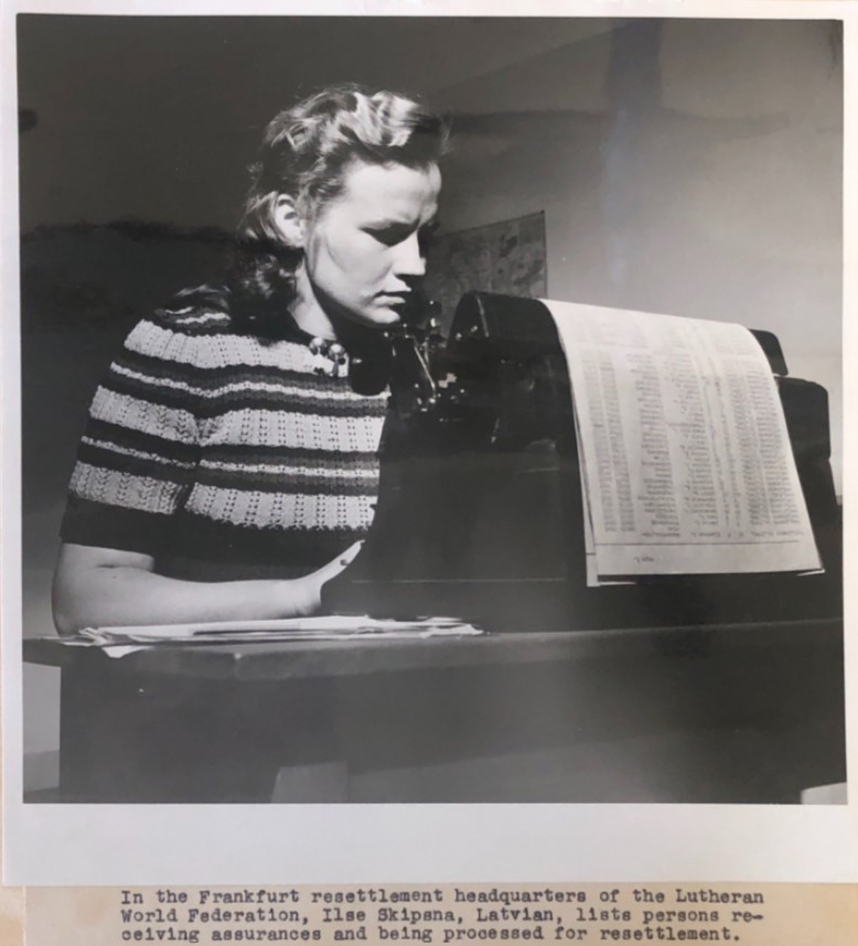 Resettlement Lists-Frankfurt Original Caption: "In the Frankfurt resettlement headquarters of the Lutheran World Federation, Ilse Skipana, Latvian, lists persons receiving assurances and being process for resettlement."