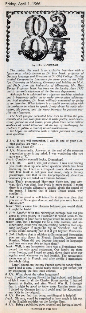 "8 3/4." "8 3/4." Satire edition of the Messenger. Interview with Professor Ivask regarding potential pennames.