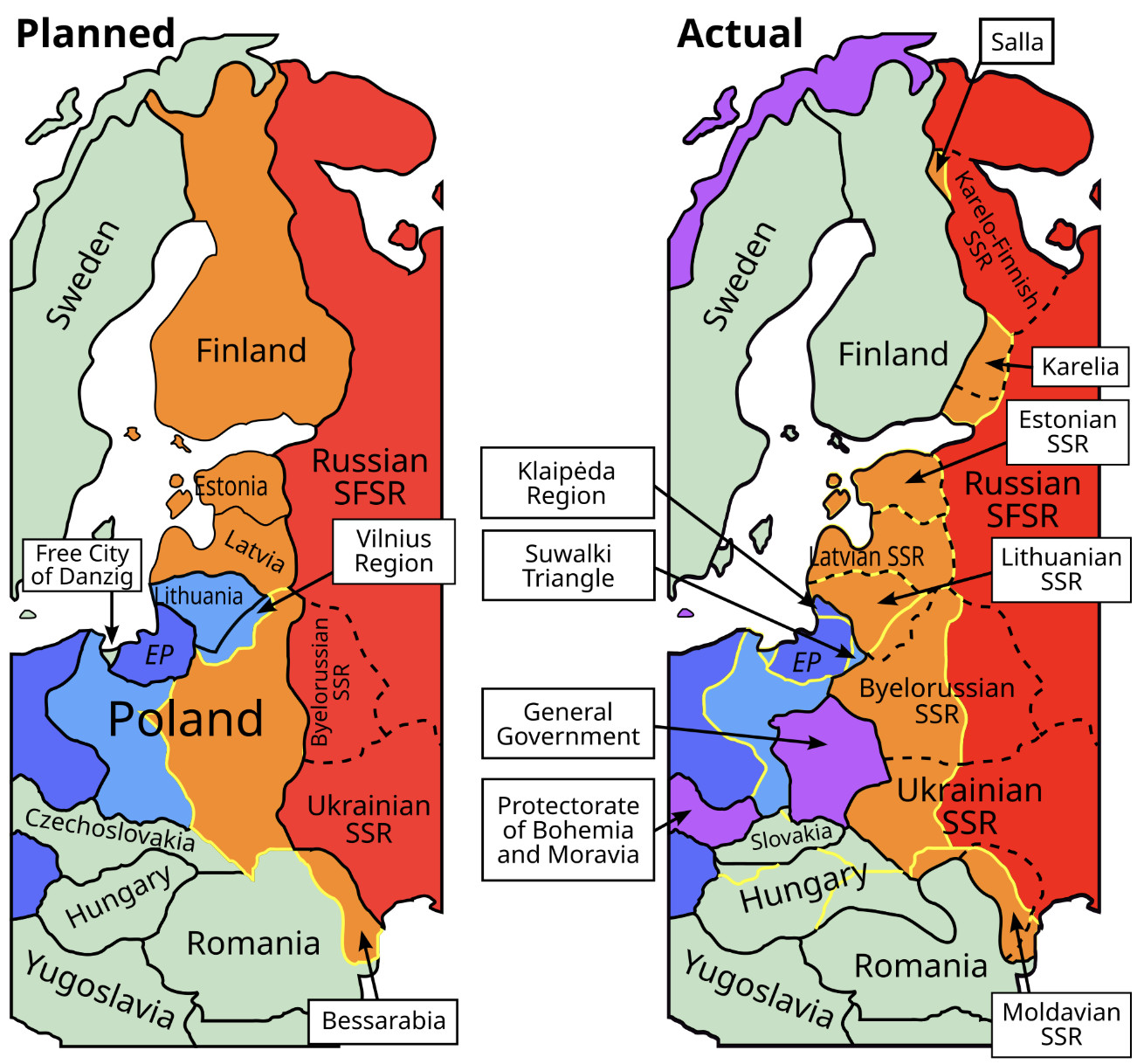 (Left) Where the USSR and Germany agreed to put their borders. (right) In reality, the Soviets took less territory in the north and slightly more territory in the Baltic region.
