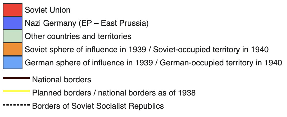 Key for the Map of the predicted borders of the Molotov-Ribbentrop Pact versus which territory was actually taken.