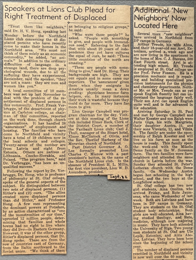 Newspaper clippings from Northfield News describing Dr. Hong's efforts to help DPs integrate into Northfield. The second clipping reports the arrival of the Giga family to the home of their sponsor, Ralph Koester.