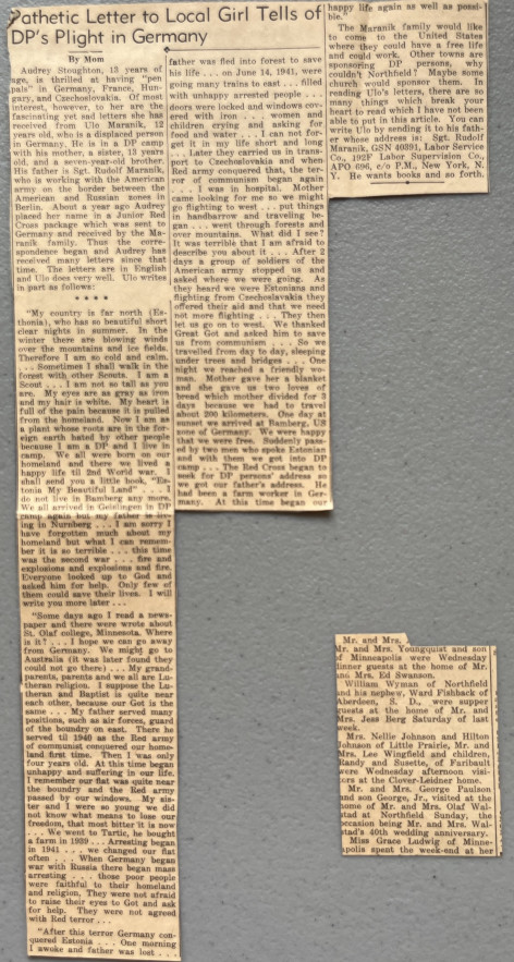 A clipping from the Northfield News detailing a child's experience of the Nazi German and Soviet occupations of Estonia, and life in a DP camp