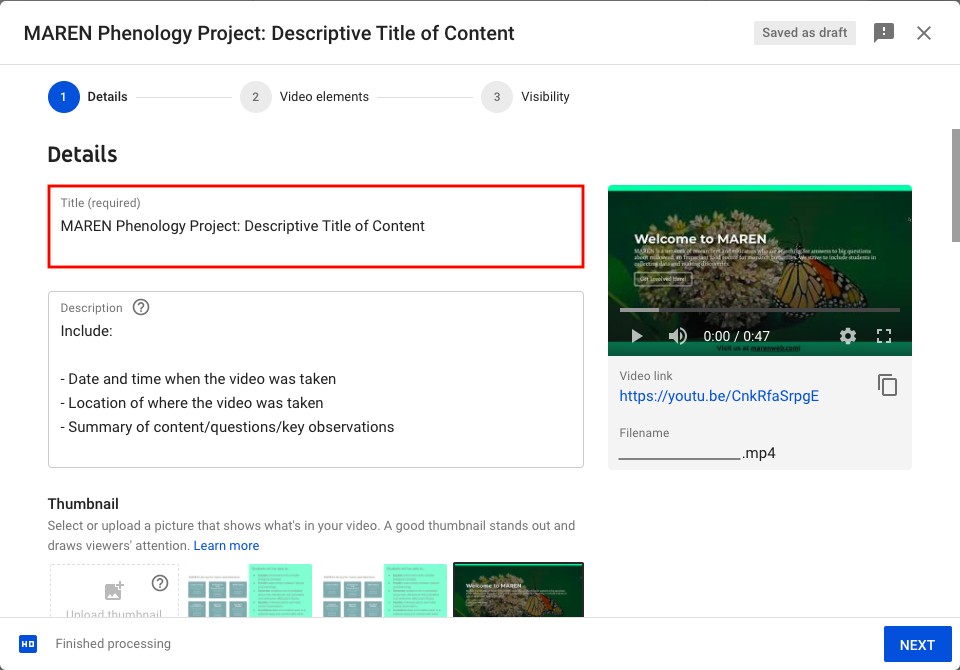 Step 1 to upload YouTube content: title instructions