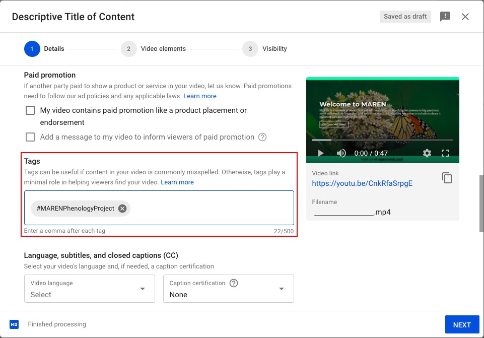 Step 3 to upload YouTube content: tag instructions