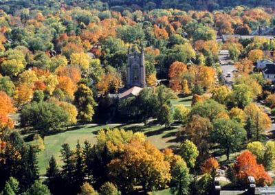 Aerial view of Chapel in fall.