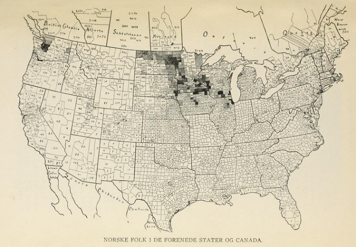 Norlie's map of Norwegian population in United States and Canada
